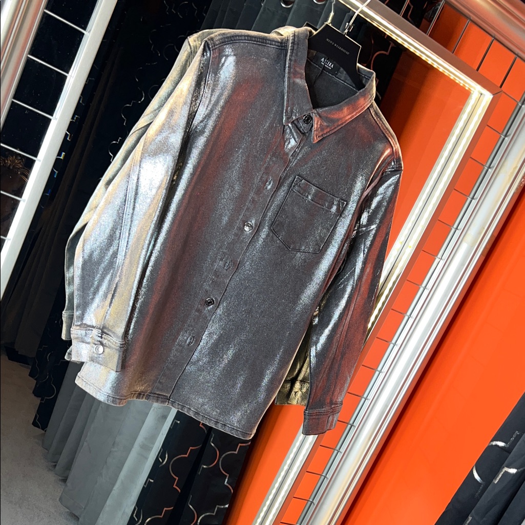 Rare Akira Heavy Liquid Silver Metallic Shimmer Oversized Button Down